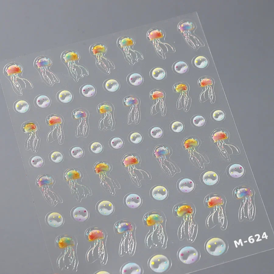 Colorful & Fun Beach Bloom Nail Art – 5D Stickers with Coral, Petals & Ocean Charms