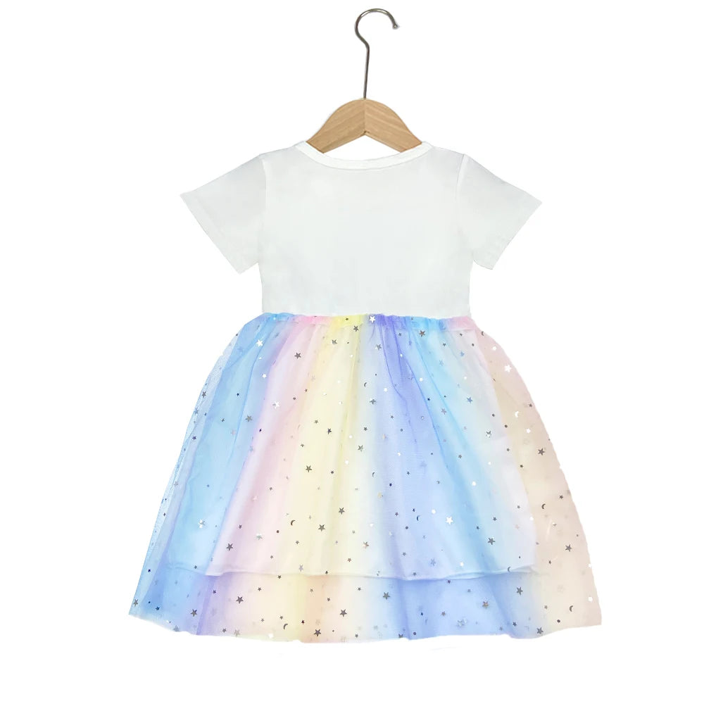 2025 New Girls Dress Summer Kids Clothes Children Princess Baby Stitch Fashion Stich Short Sleeve Party Dresses Rainbow 2-8Y