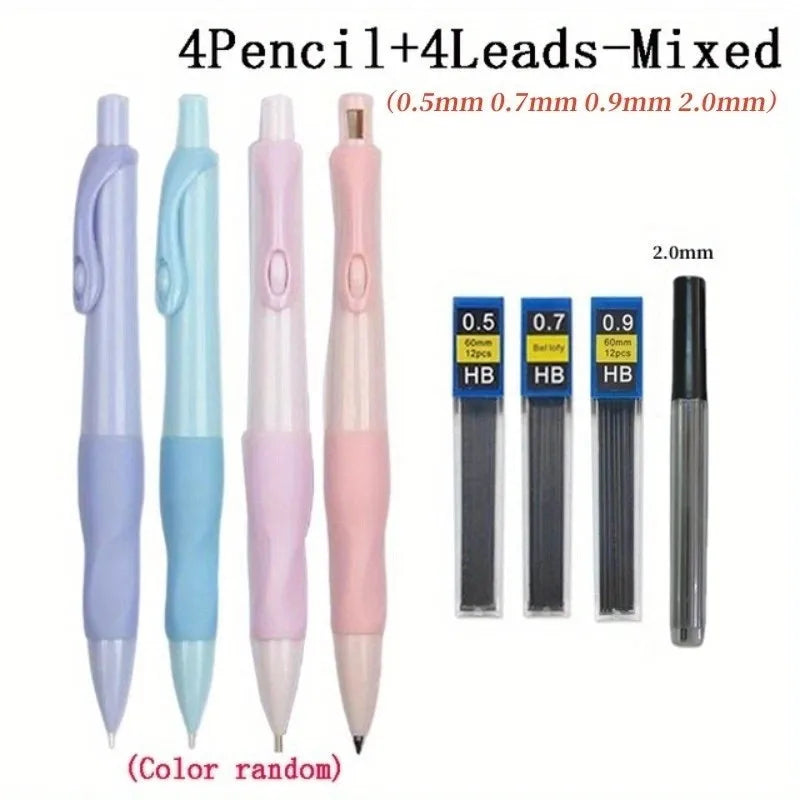 Comfortable Grip Mechanical Pencil Set 0.5/0.7/0.9/2.0MM Leads 2B Art Writing Pencil Office Supplies Stationery(4pencils+4leads)