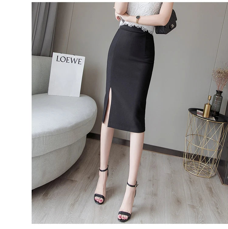 Seoulish 2024 New Spring Summer Mid length Women's Skirt Elegant Office Lady Style Solid Split Mid Length Skirts Female