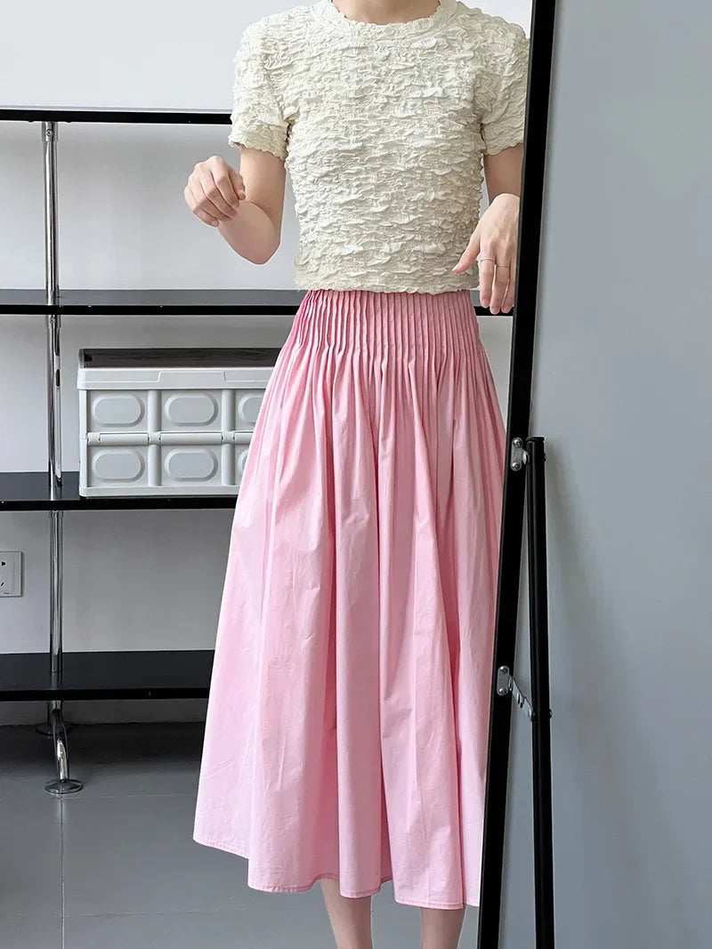 Elegant High-Waisted Pink A- Line Skirt Sweet Umbrella Design Sensibility Plenty of Pleats Medium-Length Women's Fashion