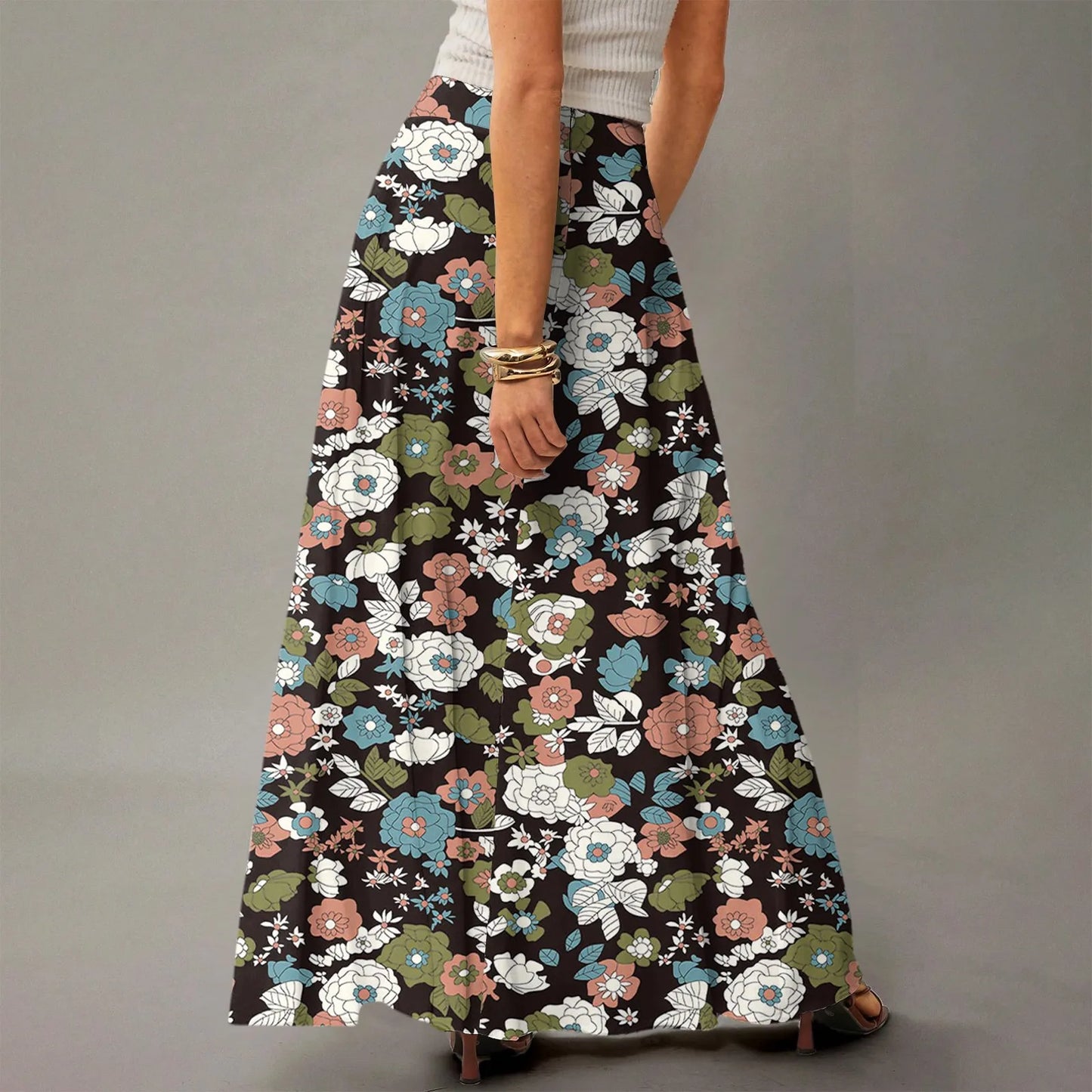 Women's Straight Skirt Casual Summer Floral Print Bohemian Skirt Flowing Maxi Skirts with pockets High waist Elastic skirt