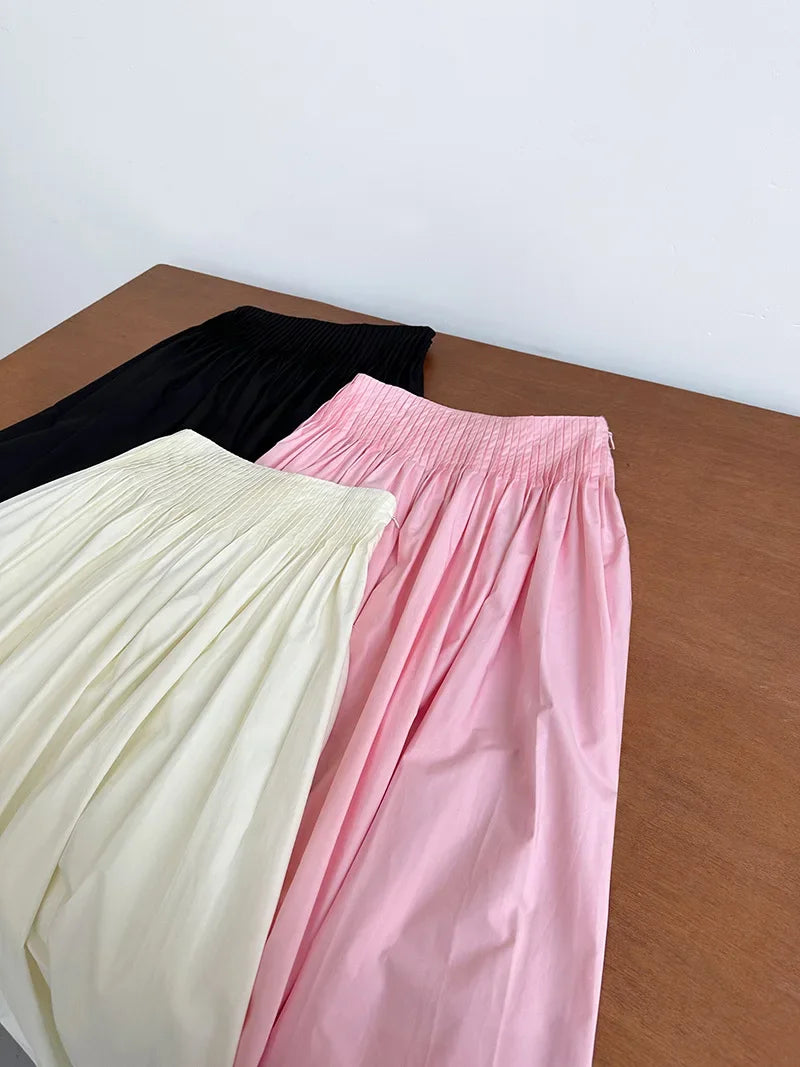 Elegant High-Waisted Pink A- Line Skirt Sweet Umbrella Design Sensibility Plenty of Pleats Medium-Length Women's Fashion