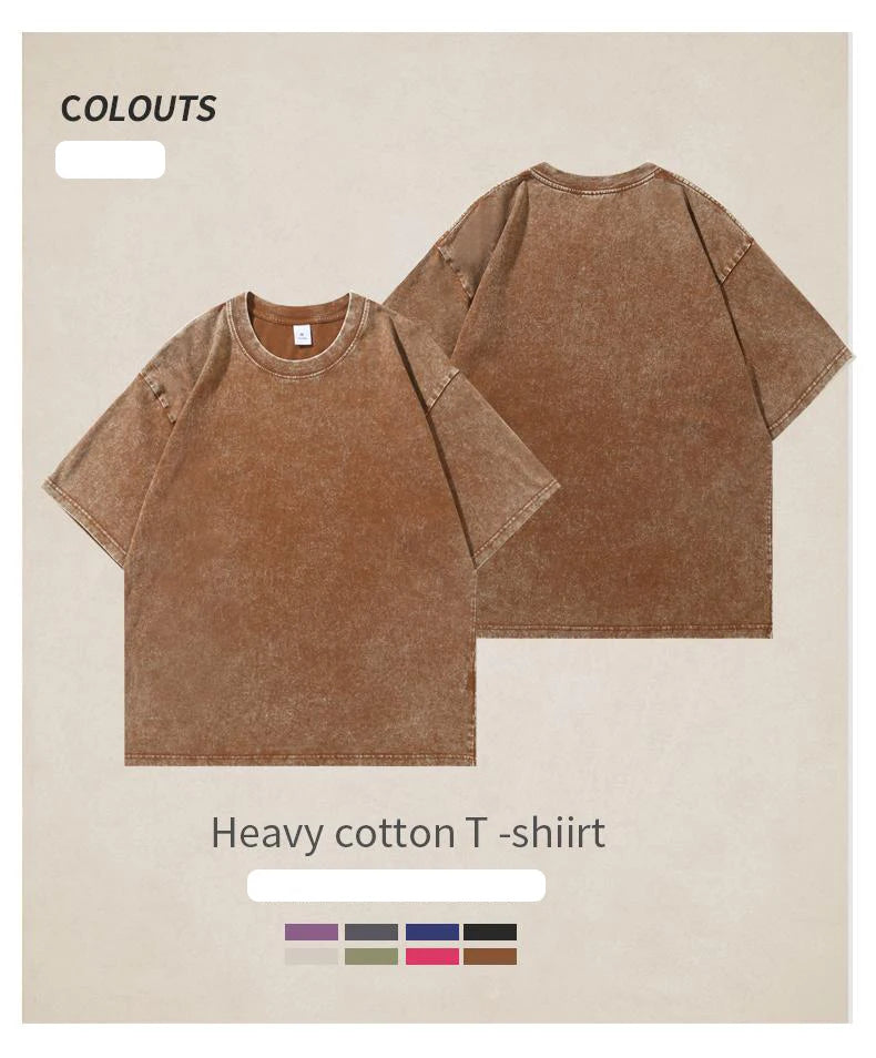 Washed Vintage T-Shirts Men's Street Hip Hop Retro Punk T Shirt Harajuku Casual 250gsm Cotton Short Sleeve Acid Wash TShirts Top