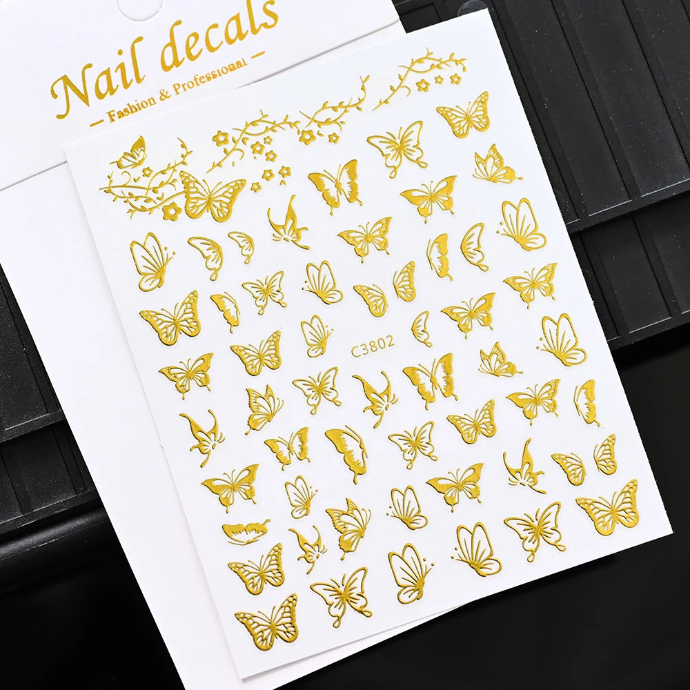 Glitter Flame Nail Art Set – Self-Adhesive Silver Stickers with Butterfly Foil for Manicure Magic