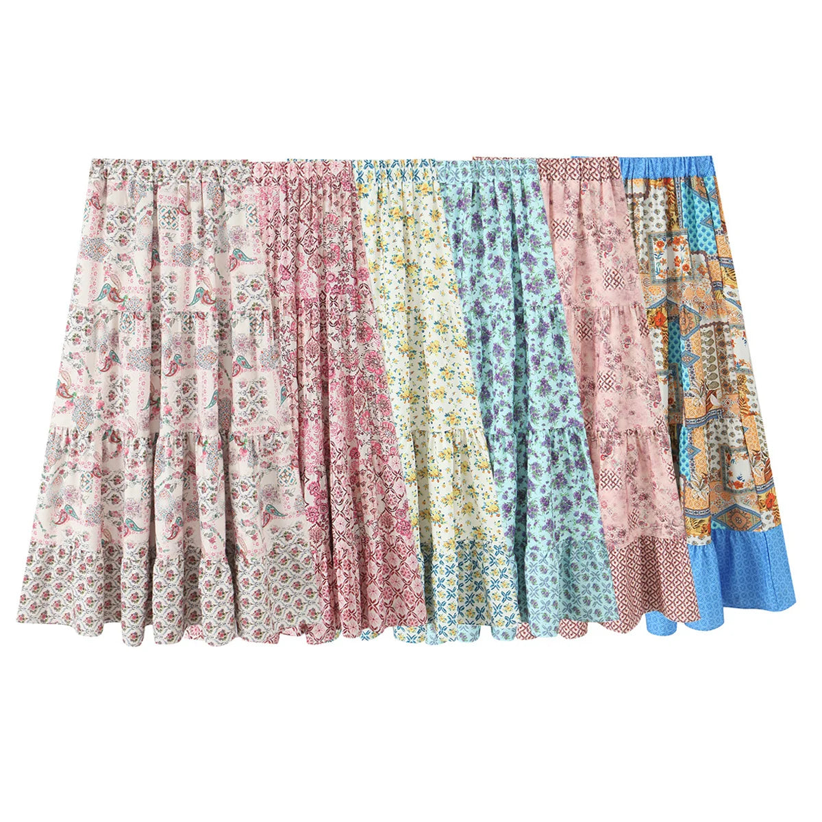 Elegant Women Holiday Wind Floral Print Tirred Ruffles Long Skirt Faldas Mujer Female Summer Elastic Waist Skirts QUN9083