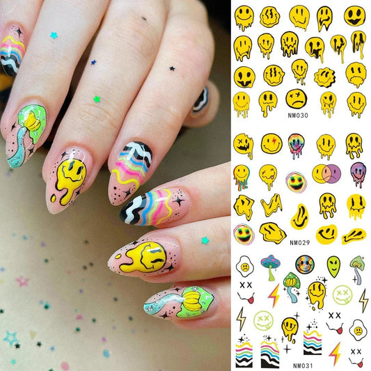 12 patterns Trippy Smile Face Nails Water Decals Mushroom Slider Decals Trippy Nail Art Rainbow Transfer Sticker Decals Eyes