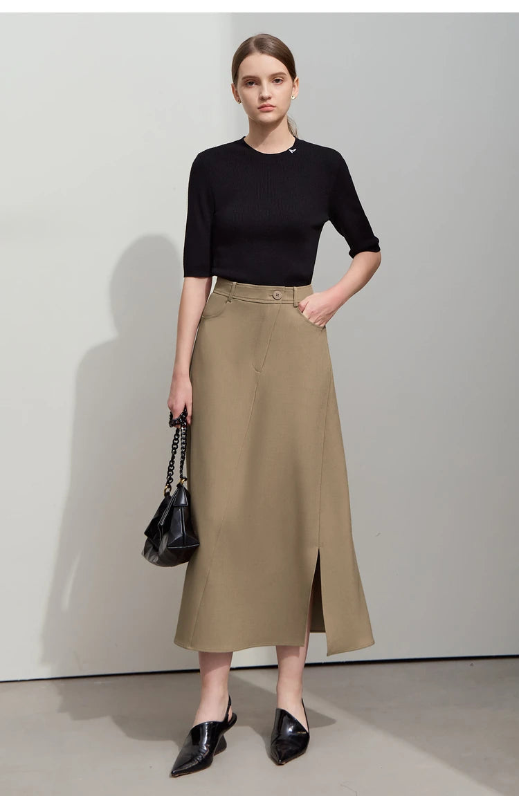 Amii Minimalist Spring New Commuter Asymmetrical Oblique Placket Split Skirt Non Ironing Anti Wrinkle A Shape Skirt 12551003