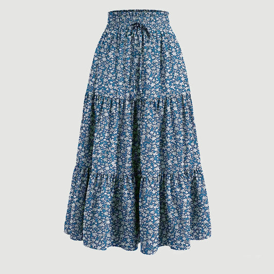 Women's Boho Vintage Floral Print Maxi Skirt Floral Lace Elastic Waist Loose Long Skirt Falda Short Vacation Flowy A Line Skirts