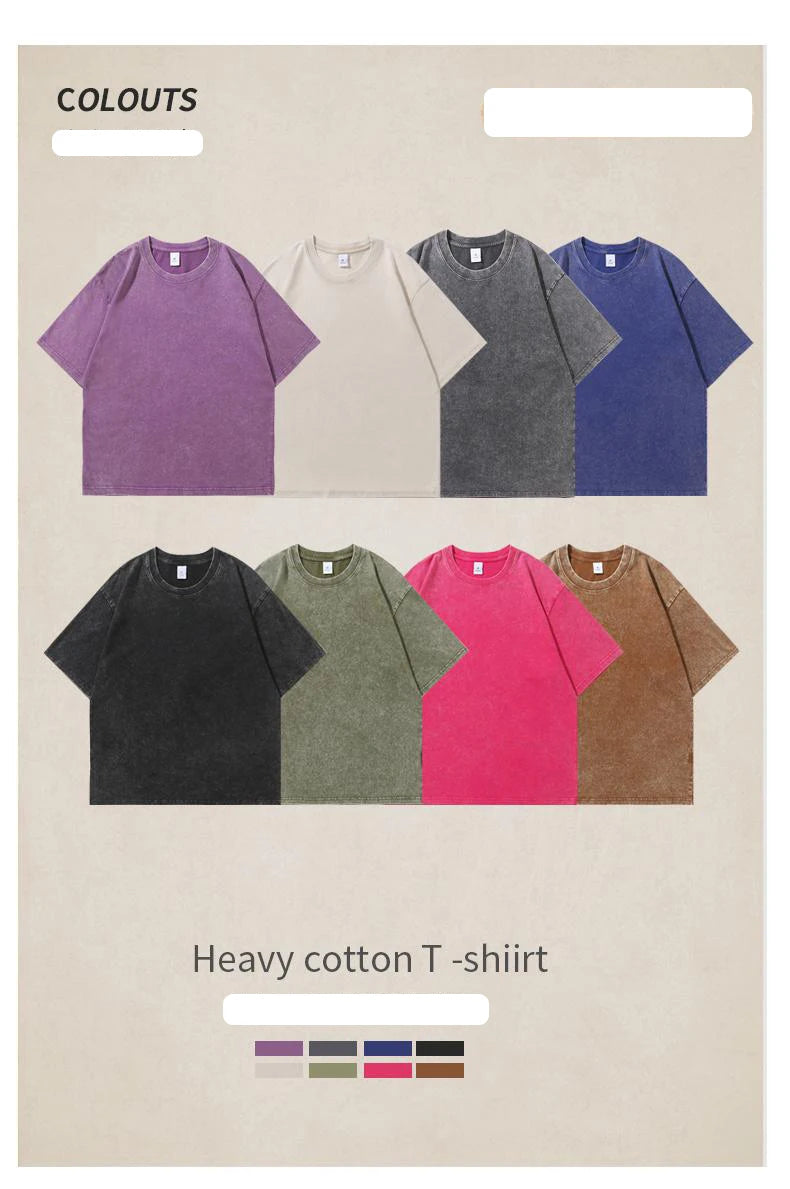 Washed Vintage T-Shirts Men's Street Hip Hop Retro Punk T Shirt Harajuku Casual 250gsm Cotton Short Sleeve Acid Wash TShirts Top