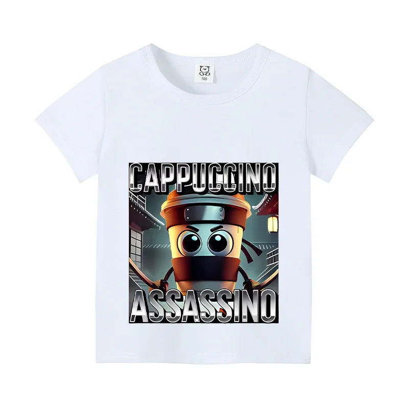 Italian Brainrot Animals Kids Cotton T-shirt Cappuccino Assassino  Tops for Kids Funny Cartoon Print Cute Tee Summer Clothing