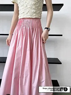 Elegant High-Waisted Pink A- Line Skirt Sweet Umbrella Design Sensibility Plenty of Pleats Medium-Length Women's Fashion