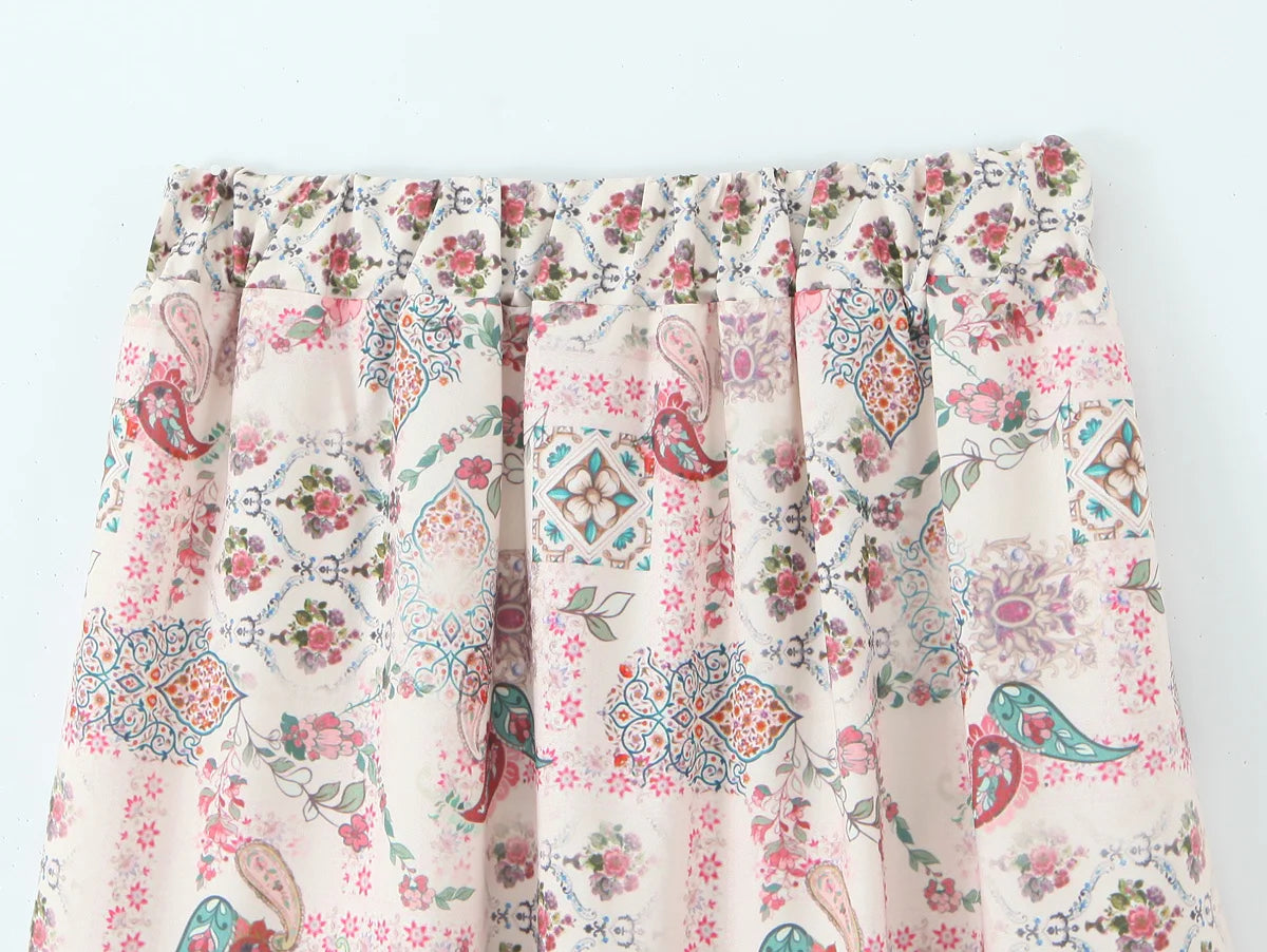 Elegant Women Holiday Wind Floral Print Tirred Ruffles Long Skirt Faldas Mujer Female Summer Elastic Waist Skirts QUN9083