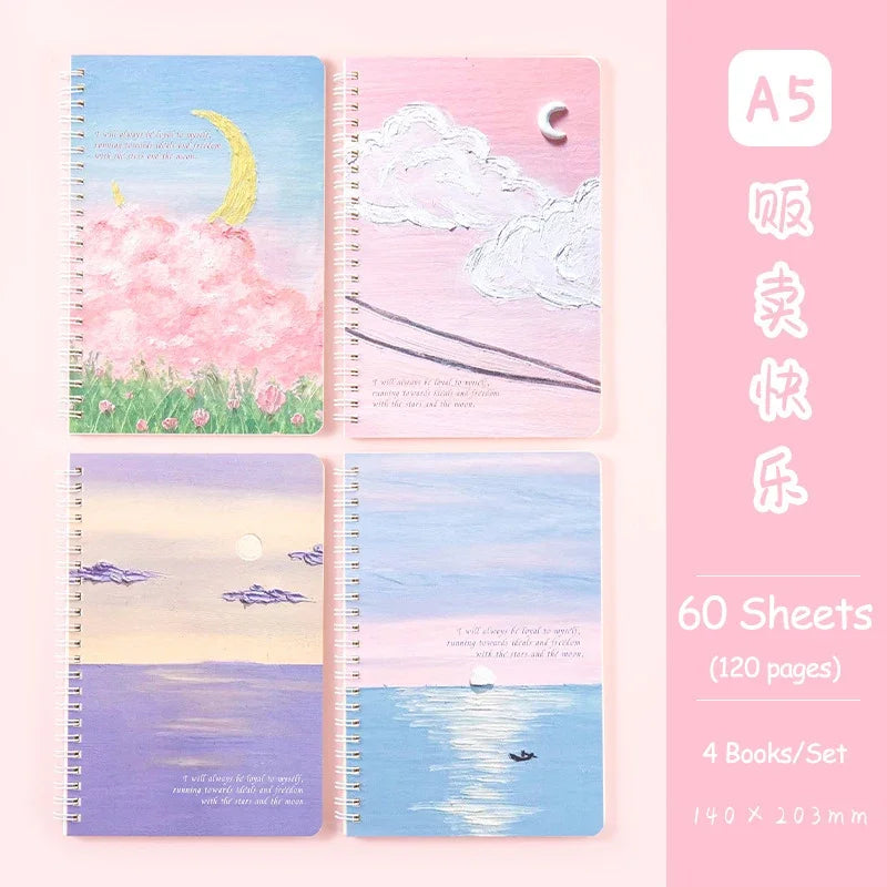 A5 Oil Painting Cover Coil Lined Notebook Set 1/2 Random Cute Books Kawaii Korean Stationery School Supplies for Students