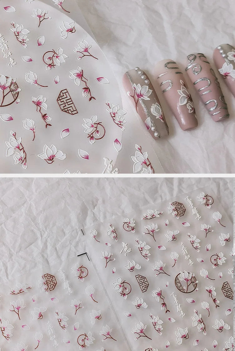 5D Magnolia Nail Art – Soft White Florals with Embossed Texture