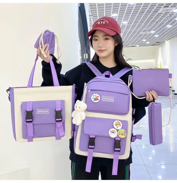 Autumn New Canvas Backpack Women's Korean Version Large Capacity Five-Piece Set Middle School Student Backpack College Student S