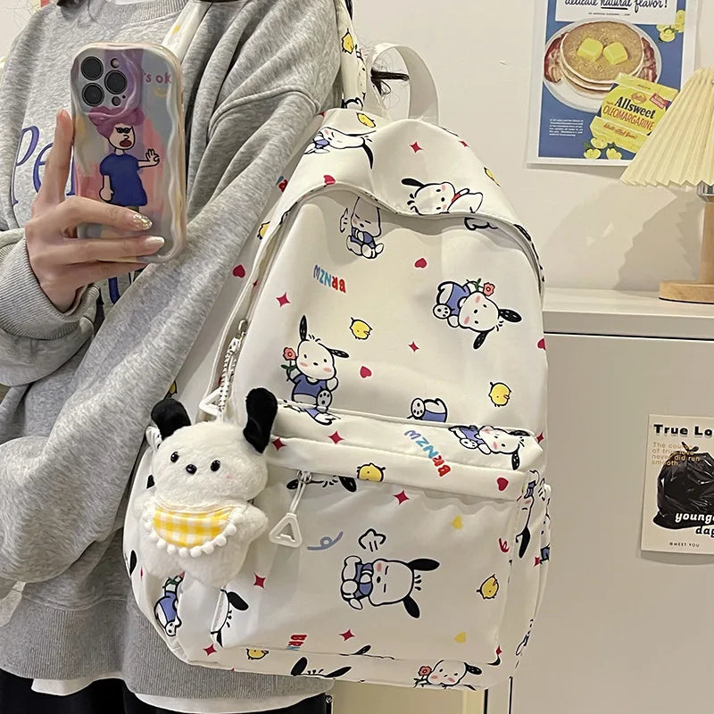 Kawaii Canvas Backpack – Hello Kitty, Kuromi, Melody & Cinnamoroll Charm for Kids & Teens!