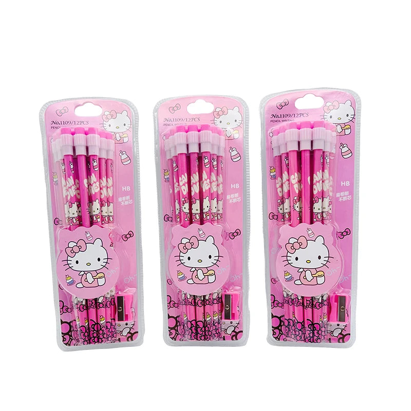 Sanrio HB Pencil Set – 12 Cute Cinnamoroll & Kuromi Pencils + 1 Roller Box for Writing & Drawing Fun