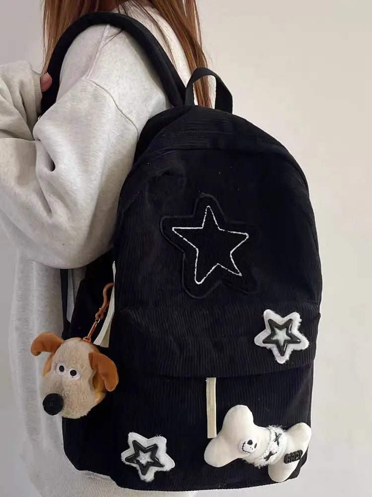 Starry Y2K Corduroy Backpack – Big Space, Bold Style for Trendy Teens!