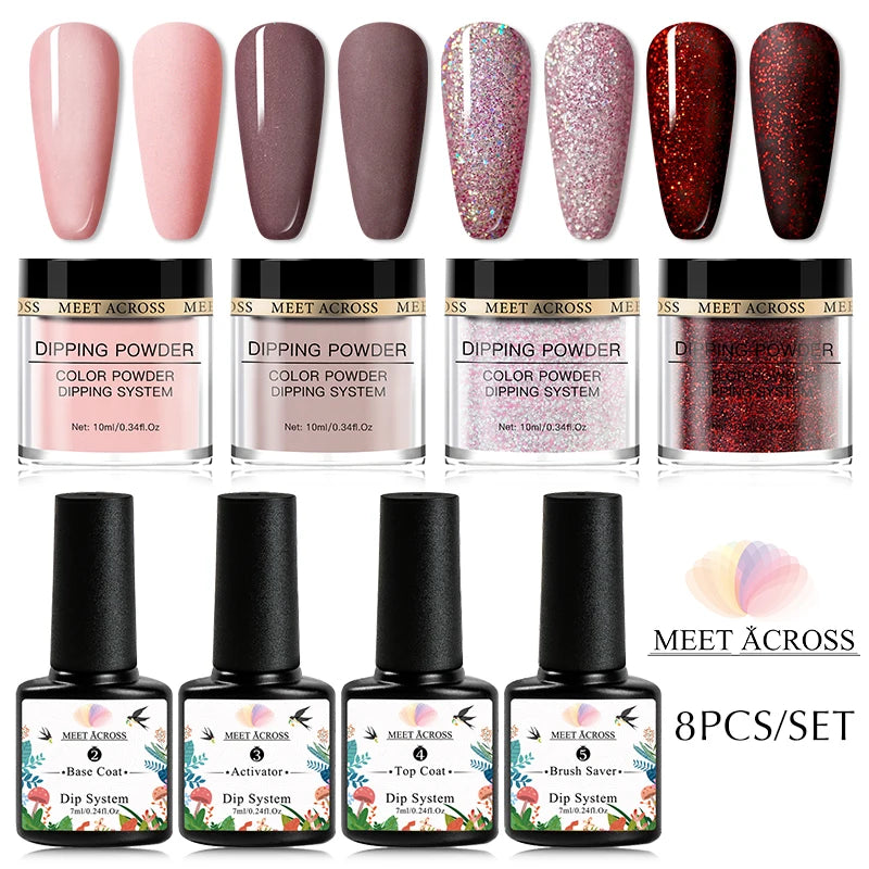 8 Colors Dip Powder Nail Set – Classic Nude Pink & Glitter Collection for DIY Salon Nails
