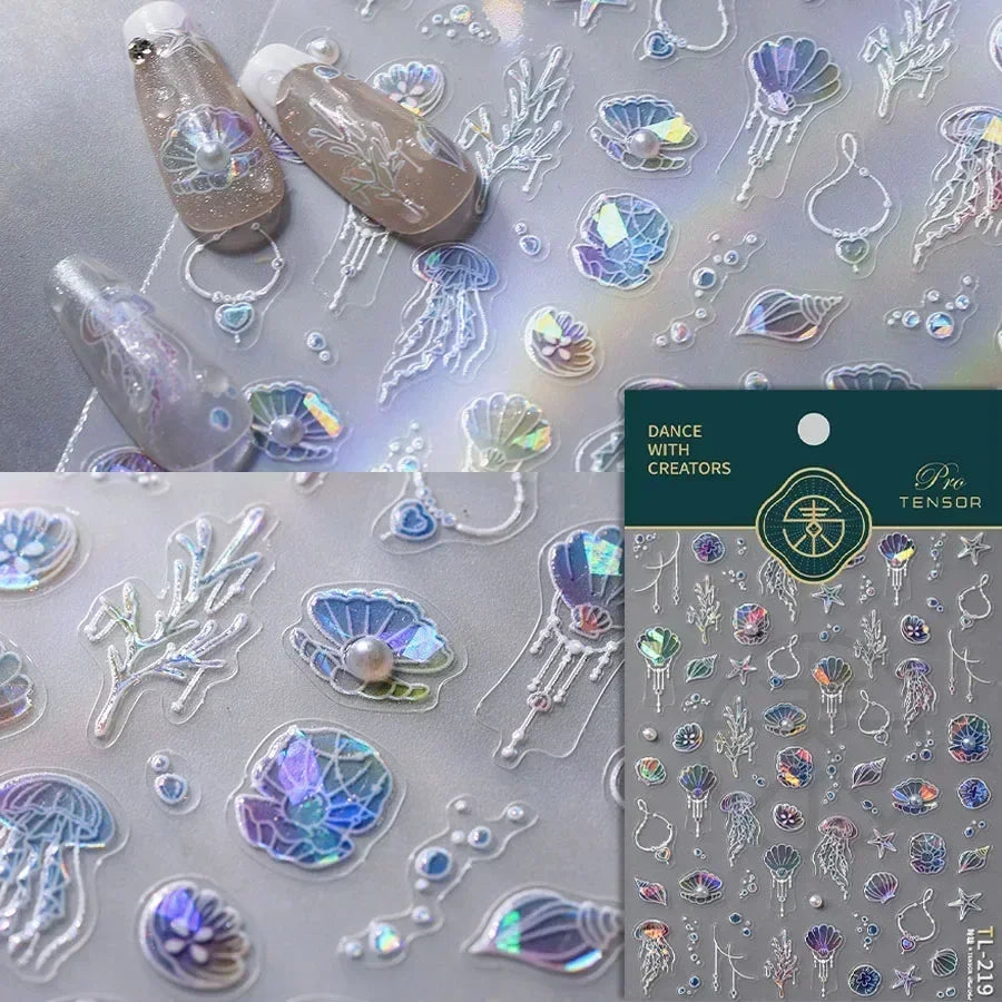 Colorful & Fun Beach Bloom Nail Art – 5D Stickers with Coral, Petals & Ocean Charms