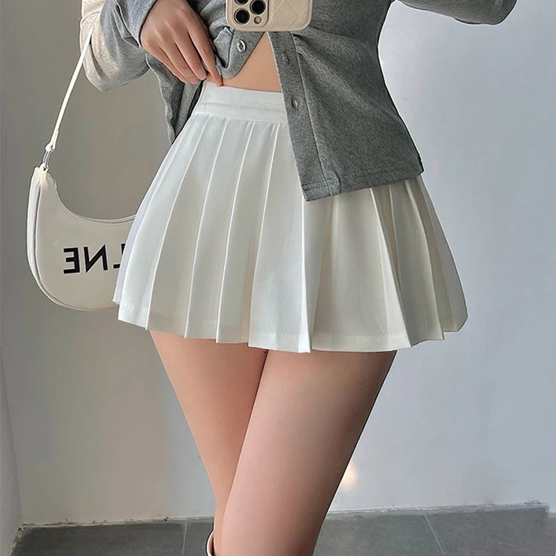 ZOKI Pleated Skirt with Shorts Women Sexy High Waist Irregular White Black A-line Gyaru Tennis extreme Mini Skirt School