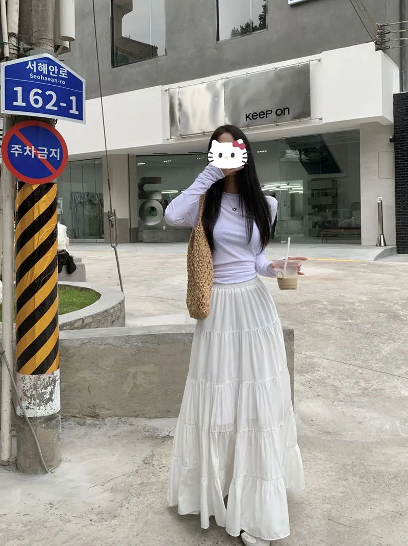 Summer High Waist White Mini Skirt Women Fashion Korean Patchwork A-Line Skirts Female Summer Solid Elegant All-Match Long Skirt
