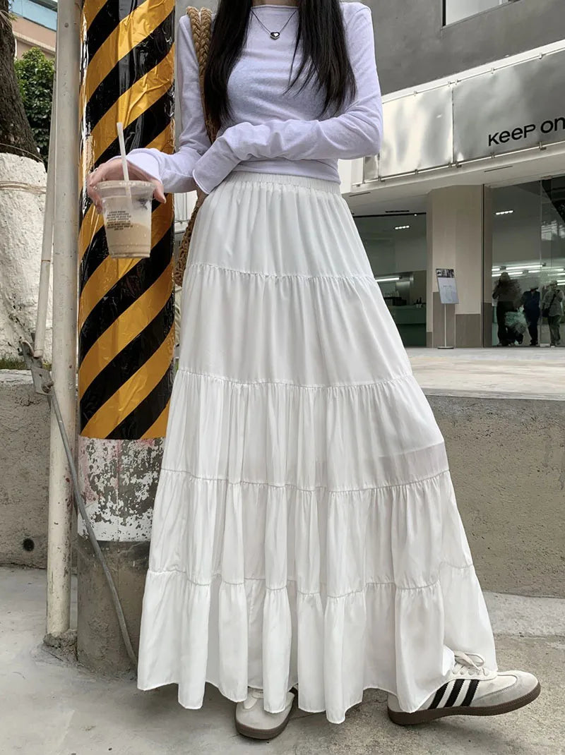 Summer High Waist White Mini Skirt Women Fashion Korean Patchwork A-Line Skirts Female Summer Solid Elegant All-Match Long Skirt