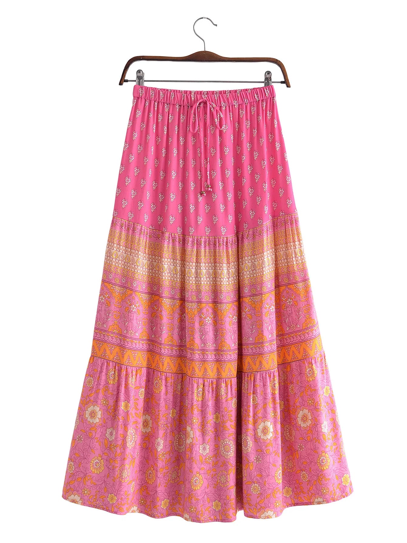 2022 BOHO Orange Flower Print Long Skirt Spliced Ruched Ruffle Hem Hippie Women Ball Tassel Bow Waist Swing Skirts Holiday