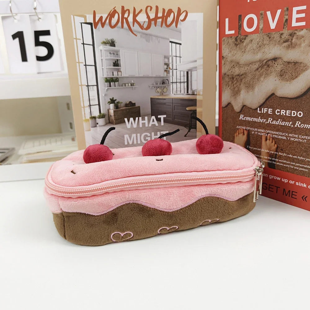 Plush Cherry Cake Pencil Case – Cute Large Capacity Kawaii Pouch for Girls, Kids & Back-to-School Accessories