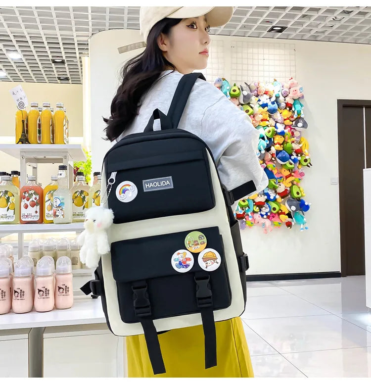 Autumn New Canvas Backpack Women's Korean Version Large Capacity Five-Piece Set Middle School Student Backpack College Student S