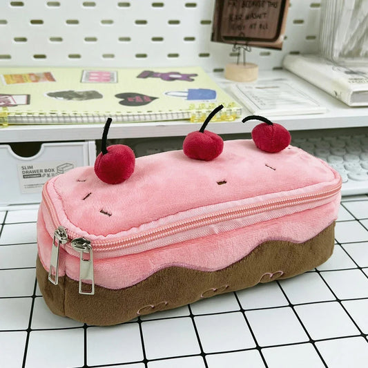 Plush Cherry Cake Pencil Case – Cute Large Capacity Kawaii Pouch for Girls, Kids & Back-to-School Accessories