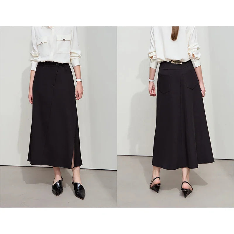 Amii Minimalist Spring New Commuter Asymmetrical Oblique Placket Split Skirt Non Ironing Anti Wrinkle A Shape Skirt 12551003