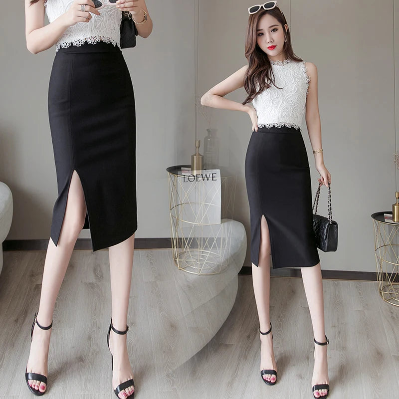Seoulish 2024 New Spring Summer Mid length Women's Skirt Elegant Office Lady Style Solid Split Mid Length Skirts Female