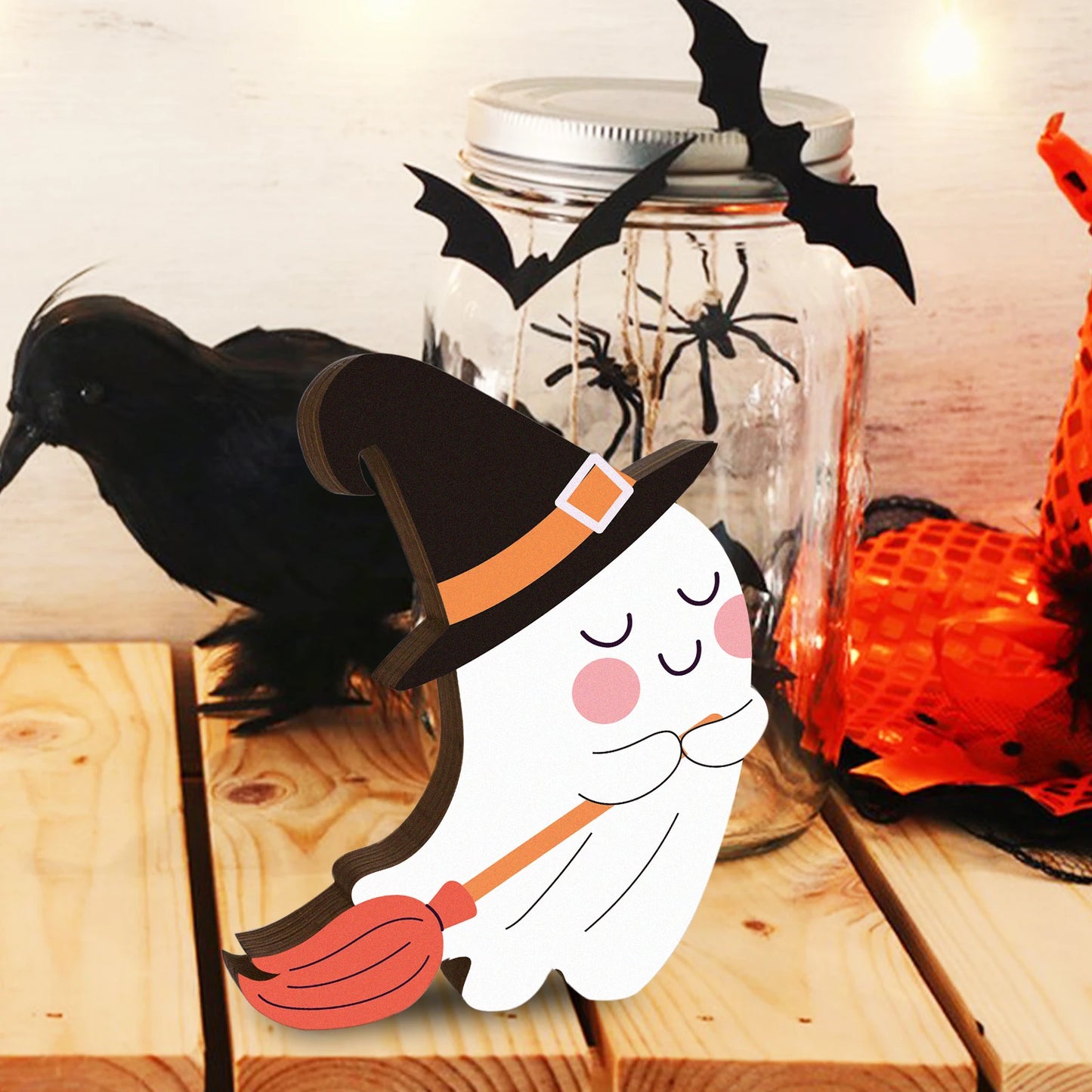 Halloween Theme Wooden Ghost Ornament  Cute Pumpkin Witch Hat Design, The Perfect Decoration to Enhance the Festive Atmosphere