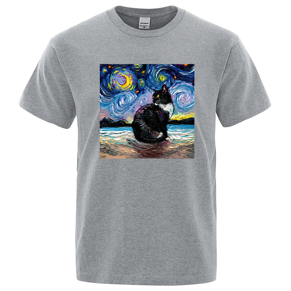 Cat Starry Sky Universe Funny Tshirt Men Casual Breathable Summer Tshirts Oversized Loose T Shirt Brand Cotton Clothing Man