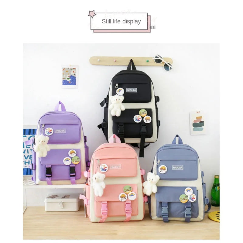 Autumn New Canvas Backpack Women's Korean Version Large Capacity Five-Piece Set Middle School Student Backpack College Student S