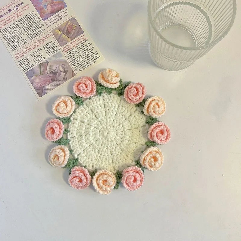 Crochet Flower Coaster Hand Knitted Coaster Rose Placemat Table Ornament Cup Pad Crochet Flower Cupmat Creative Coaster Gifts