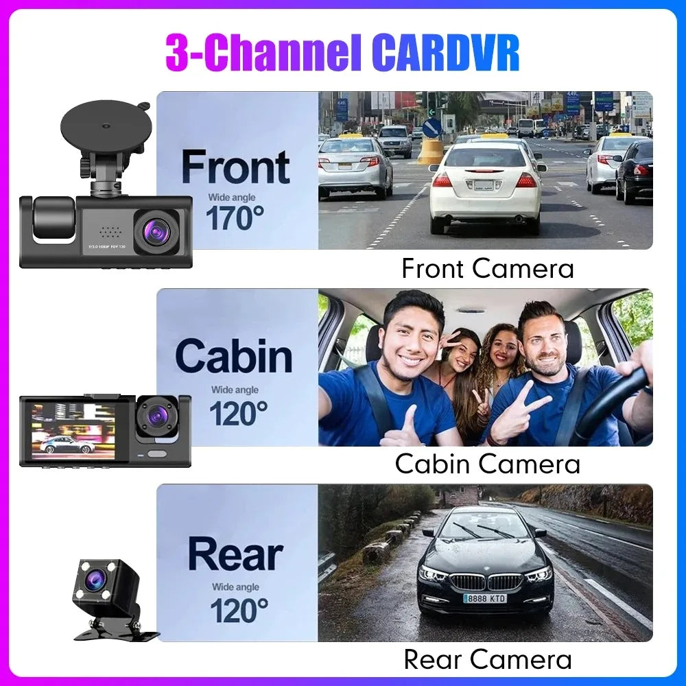 Car DVR HD 1080P tachograph 3 lens 2.0-inch IPS recorder tachograph Rearview mirror Driving recorder night vision