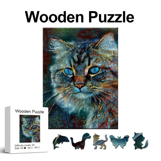 Blue Eyes Cat Wooden Puzzles for Adults, Unique Shape Wooden Animal Puzzle Creative Challenge for Adults, Family, Friend