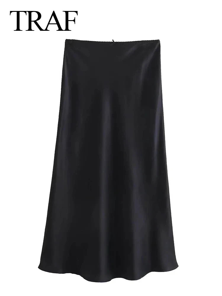 TRAFZA Women Satin Skirt High Waist Midi Skirt Stylish Long Skirts For Women Fashion Chic And Elegant Woman Skirt Streetwear