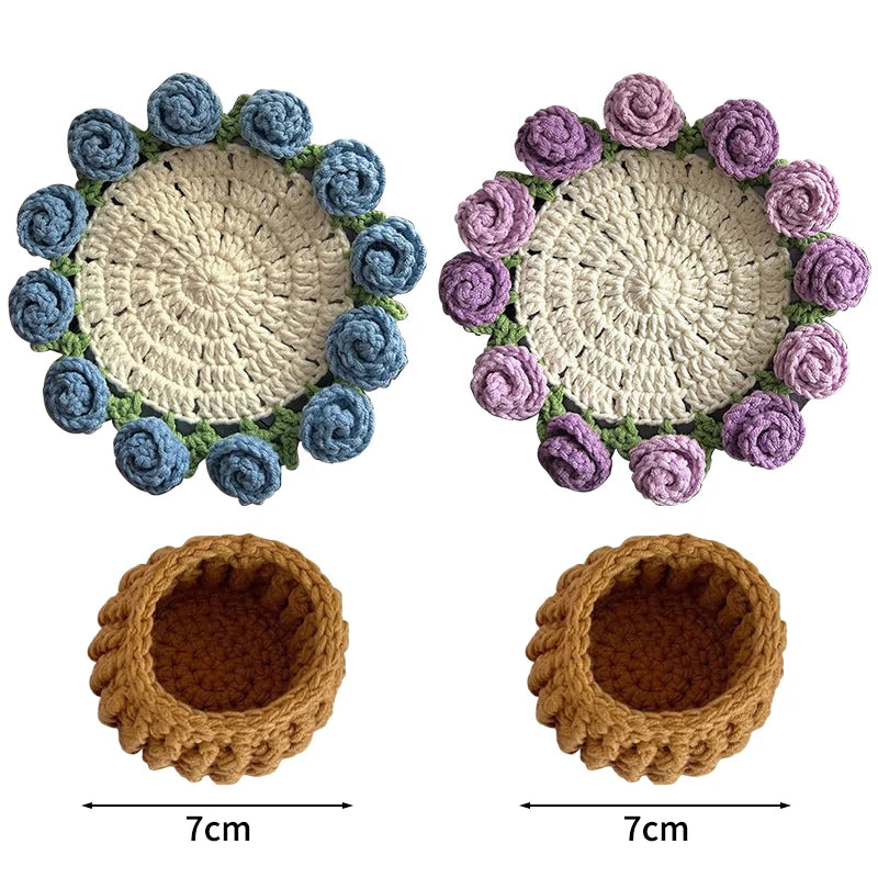 Crochet Flower Coaster Hand Knitted Coaster Rose Placemat Table Ornament Cup Pad Crochet Flower Cupmat Creative Coaster Gifts