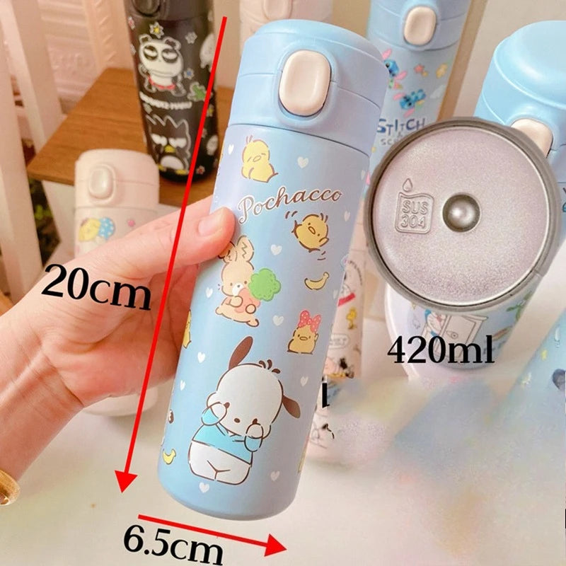MINISO 420ML Cartoon Thermos – Cute Stainless Steel Water Bottle for Students, Girls & Kawaii Stationery Fans