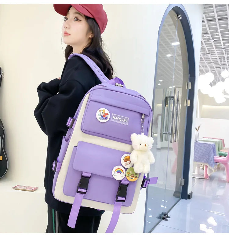 Autumn New Canvas Backpack Women's Korean Version Large Capacity Five-Piece Set Middle School Student Backpack College Student S