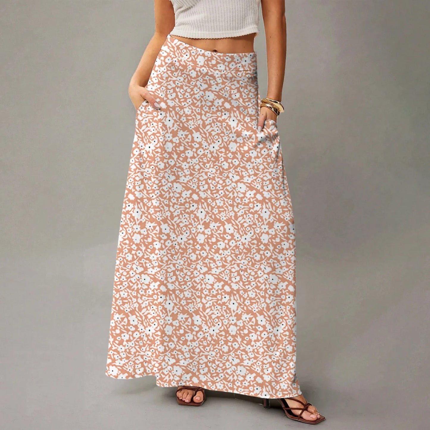 Women's Straight Skirt Casual Summer Floral Print Bohemian Skirt Flowing Maxi Skirts with pockets High waist Elastic skirt