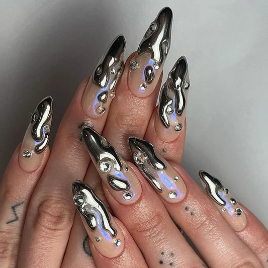 24PCS Almond Stiletto Press-On Nails – French Design with Metallic Shine & Glue Included