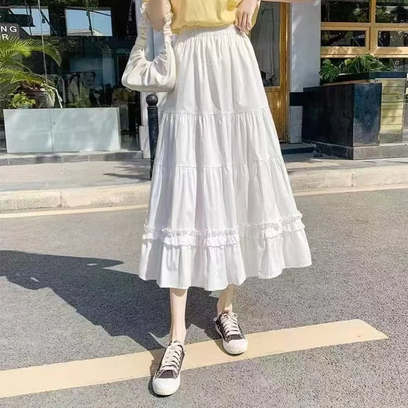 Casual Vintage Women Skirt Matching Chic Lady's White Skirt Sweet Girl's Cake Skirt Elastic Waist A-Line Mid Length Flare Skirt