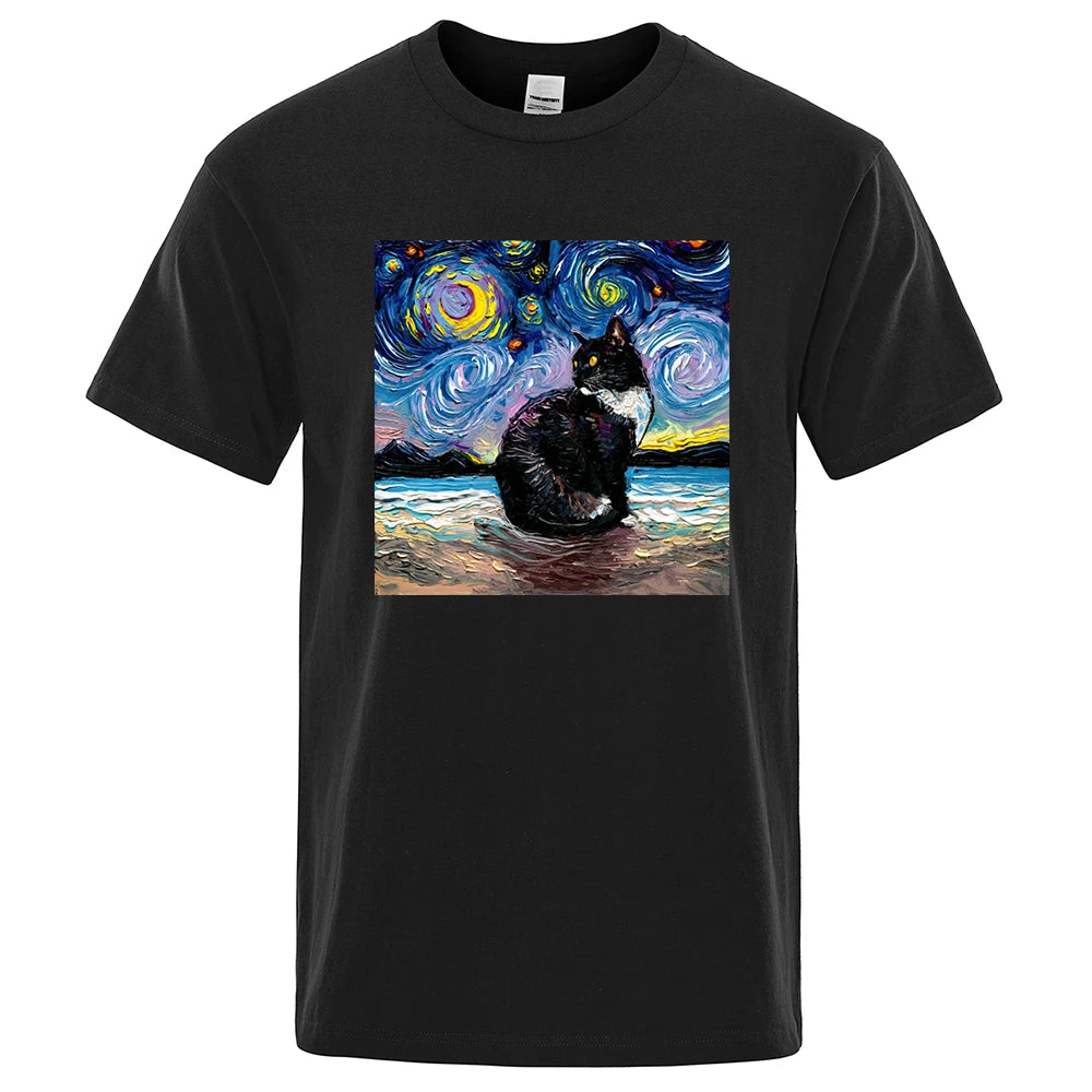 Cat Starry Sky Universe Funny Tshirt Men Casual Breathable Summer Tshirts Oversized Loose T Shirt Brand Cotton Clothing Man