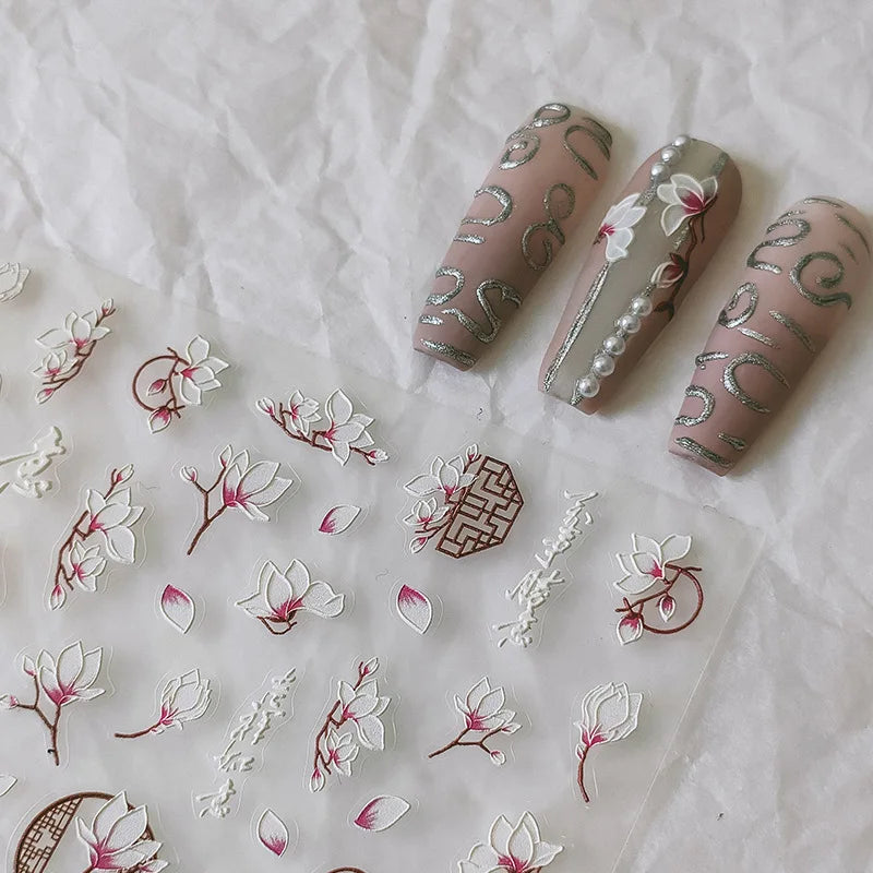 5D Magnolia Nail Art – Soft White Florals with Embossed Texture