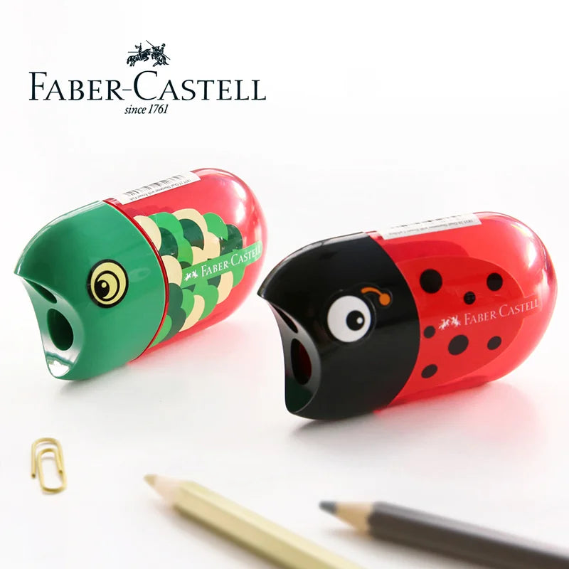 Faber-Castell Double-Hole Sharpener with Eraser – Cute Ladybug, Fish & Eagle Designs for Back-to-School Stationery Fans